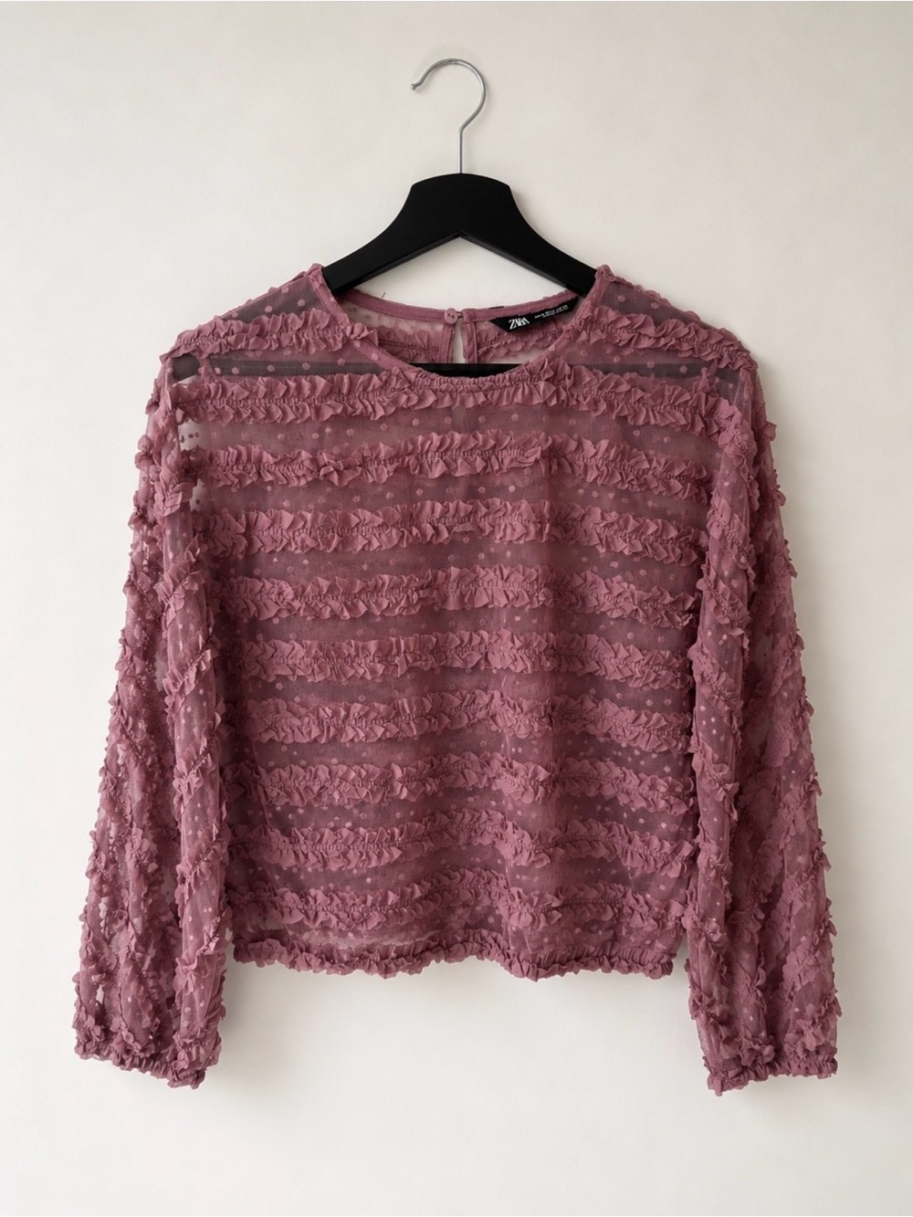 ZARA Mauve Textured Ruffle Tulle Blouse Long Sleeve Semi Sheer Size M